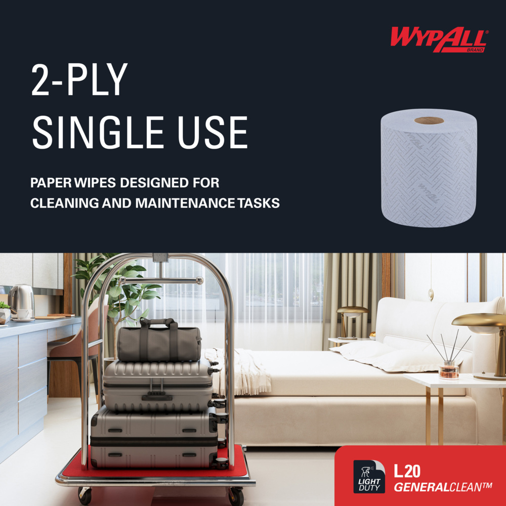 WypAll® L20 Cleaning and Maintenance Blue Wiping Paper 7298 - 2 Ply Centrefeed Roll - 1 Blue Roll x 400 Paper Wipers (400 Wipers Total) - 7298