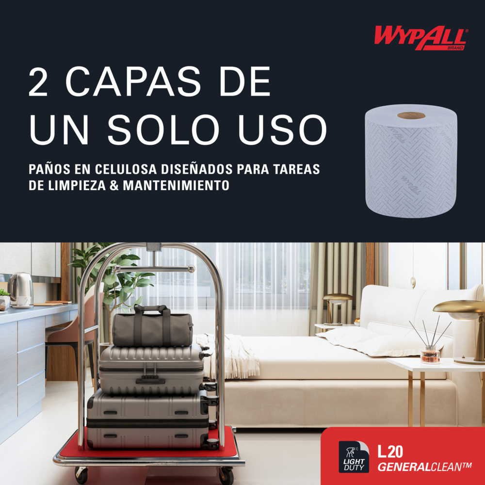 WypAll® L20 Cleaning and Maintenance Blue Wiping Paper 7298 - 2 Ply Centrefeed Roll - 1 Blue Roll x 400 Paper Wipers (400 Wipers Total) - 7298