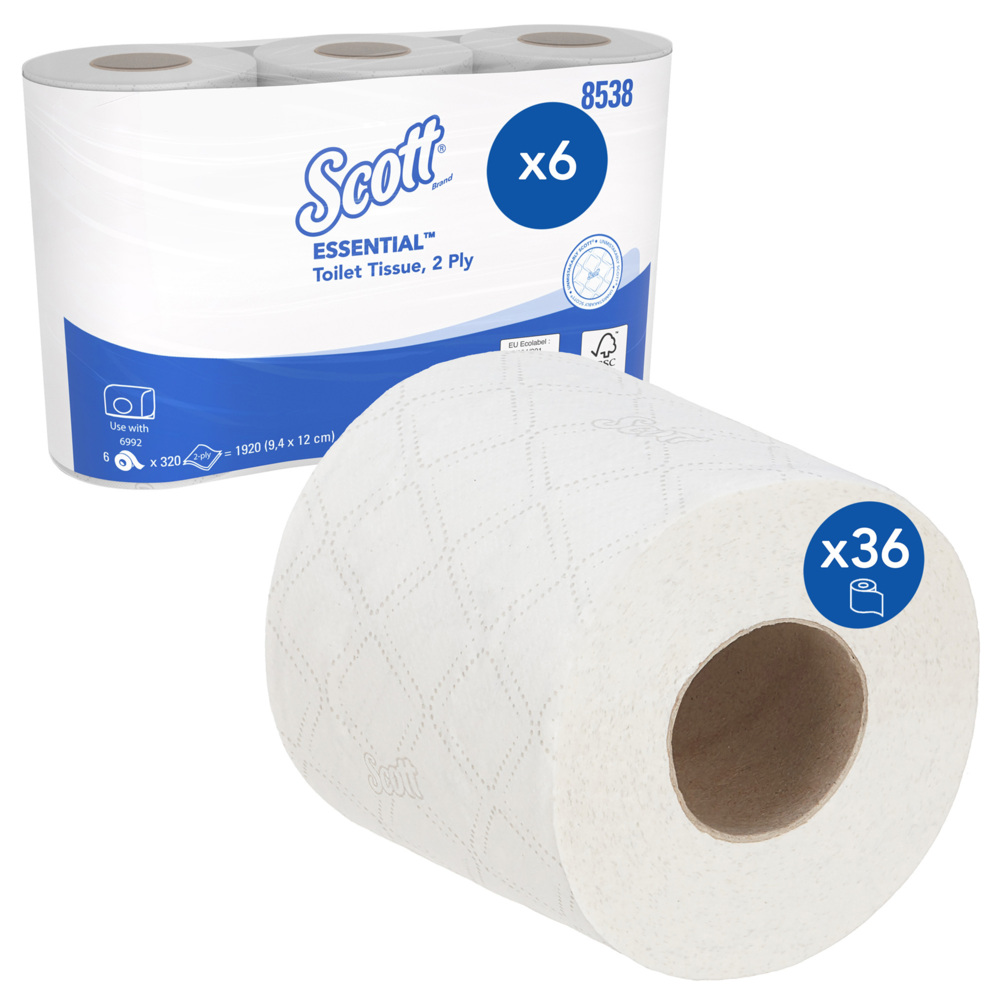 Papier toilette taille standard Scott® Essential™ 8538 - Papier toilette 2 épaisseurs - 6 paquets de 6 rouleaux x 320 feuilles de papier toilette blanc (36 rouleaux/11 520 feuilles au total) - 8538