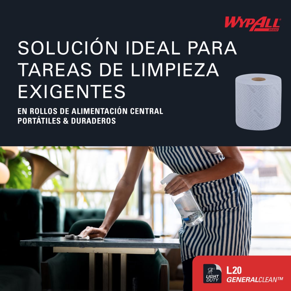 WypAll® L20 Cleaning and Maintenance Blue Wiping Paper 7298 - 2 Ply Centrefeed Roll - 1 Blue Roll x 400 Paper Wipers (400 Wipers Total) - 7298