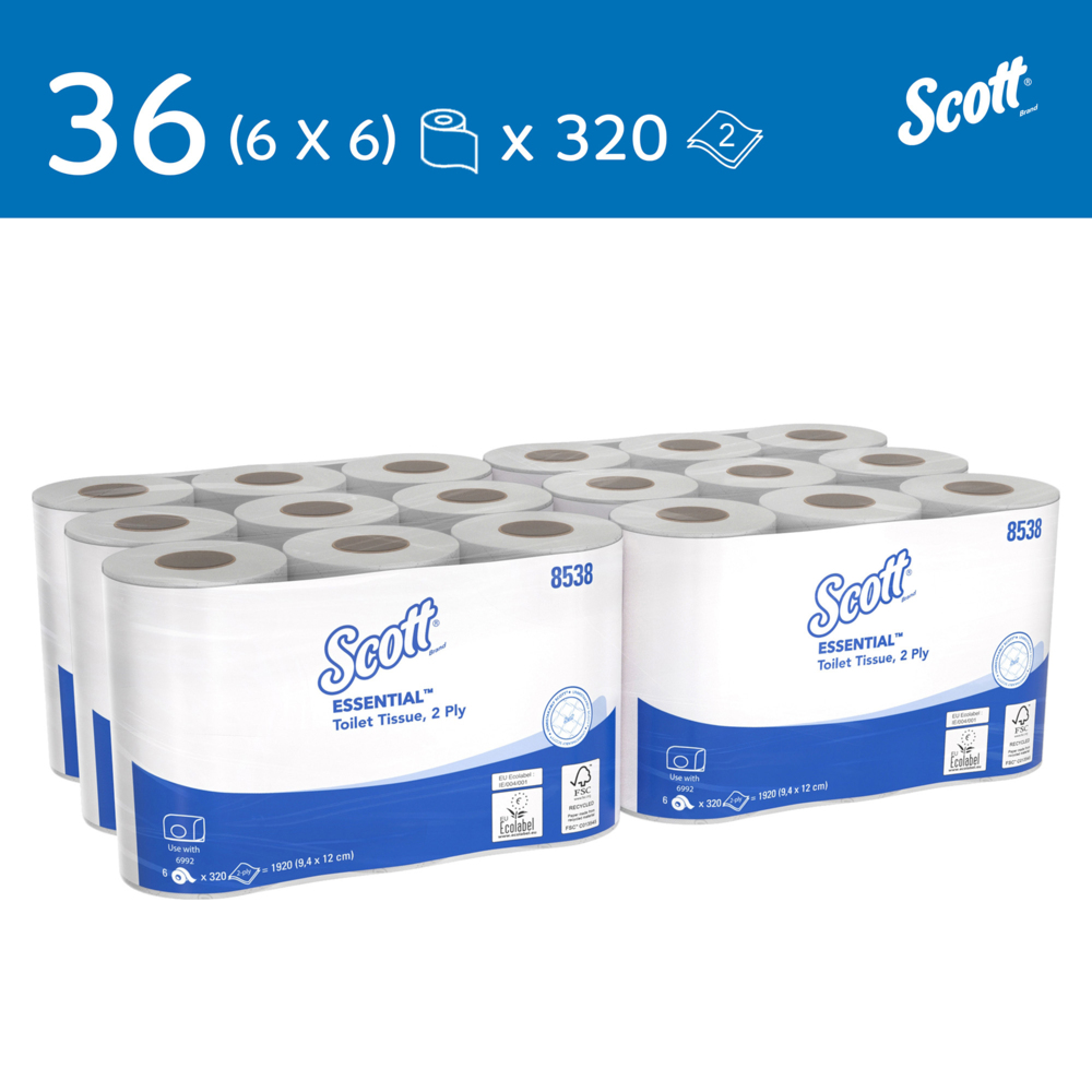 Papier toilette taille standard Scott® Essential™ 8538 - Papier toilette 2 épaisseurs - 6 paquets de 6 rouleaux x 320 feuilles de papier toilette blanc (36 rouleaux/11 520 feuilles au total) - 8538