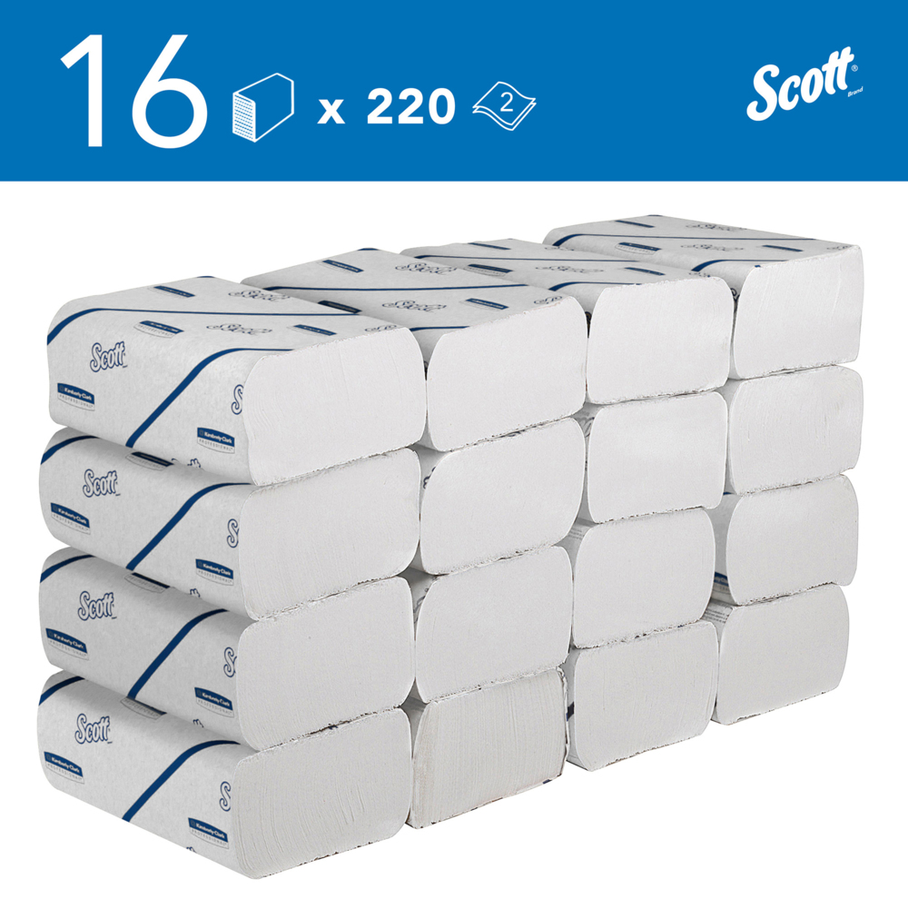 Scott® Essential™ Toallas secamanos 6609: toallas secamanos de papel plegadas, 16 paquetes x 220 unidades de papel secamanos blanco (3520 en total) - 6609