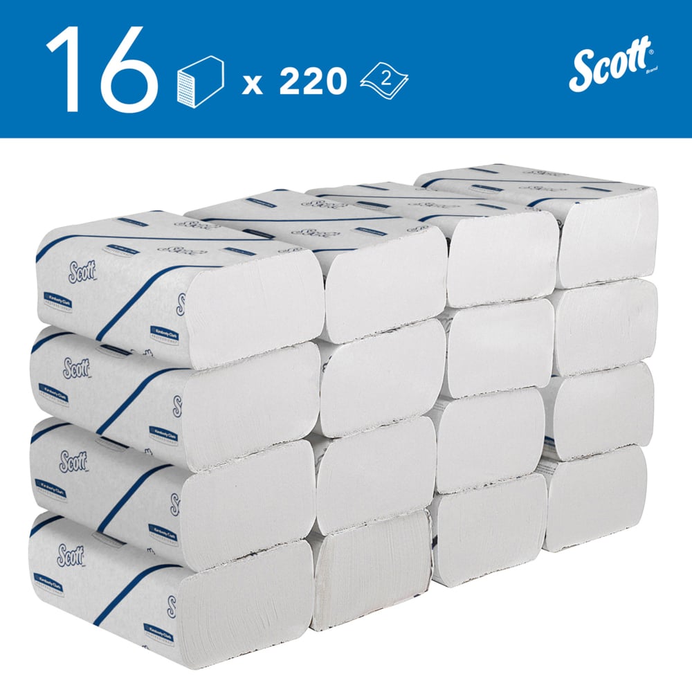 Scott® Essential™ Toallas secamanos 6609: toallas secamanos de papel plegadas, 16 paquetes x 220 unidades de papel secamanos blanco (3520 en total) - 6609