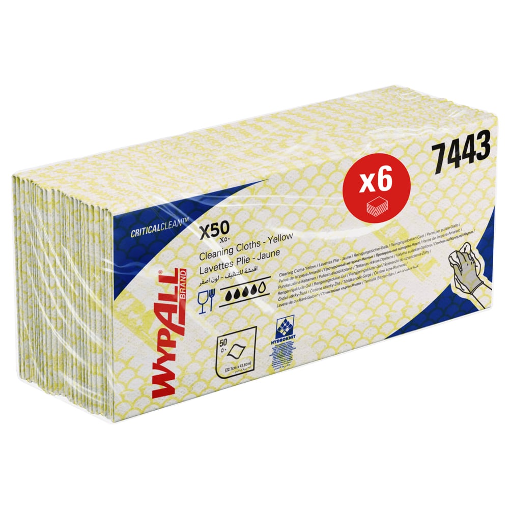 Протирочные материалы WypAll® X50 с цветовой кодировкой, код 7443, желтые, 6 упаковок x 50 салфеток со сложением Interfold (всего 300 шт.) - 7443