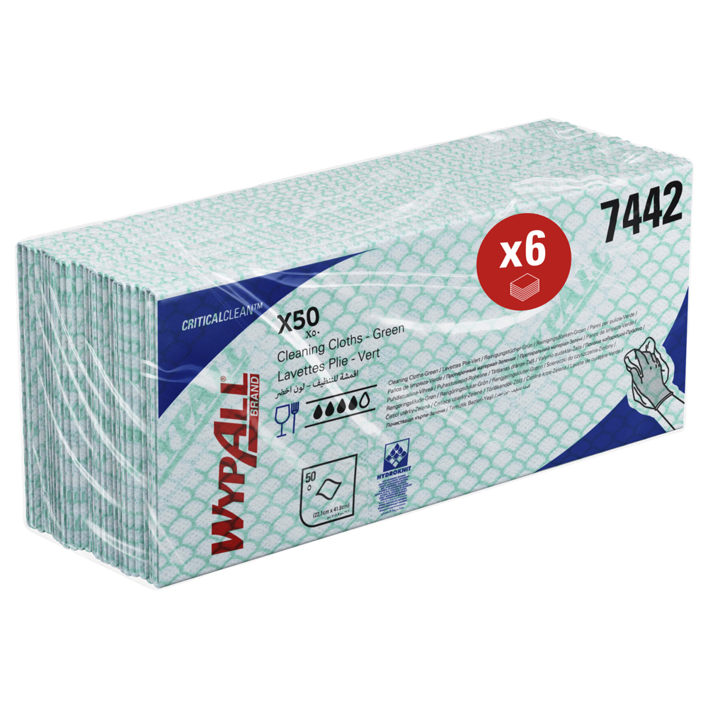 Paños de limpieza con código de color WypAll® X50 Critical Clean™ 7442 - Paños de limpieza verdes - 6 paquetes x 50 paños con código de color interplegados (300 en total) - 7442