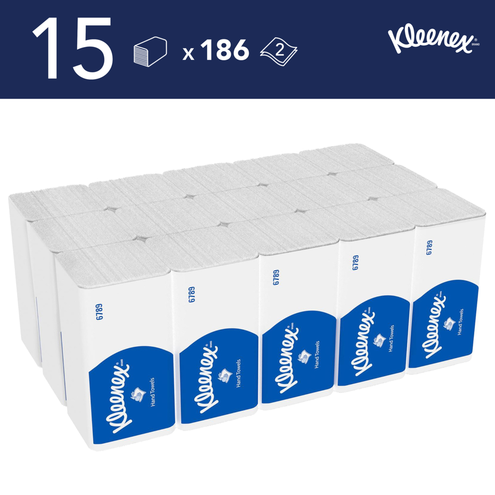 Kleenex® Сложенные полотенца для рук V-Fold, код 6789, 15 упаковок x 186 листов белой, двухслойной бумаги (всего 2790 шт.) - 6789