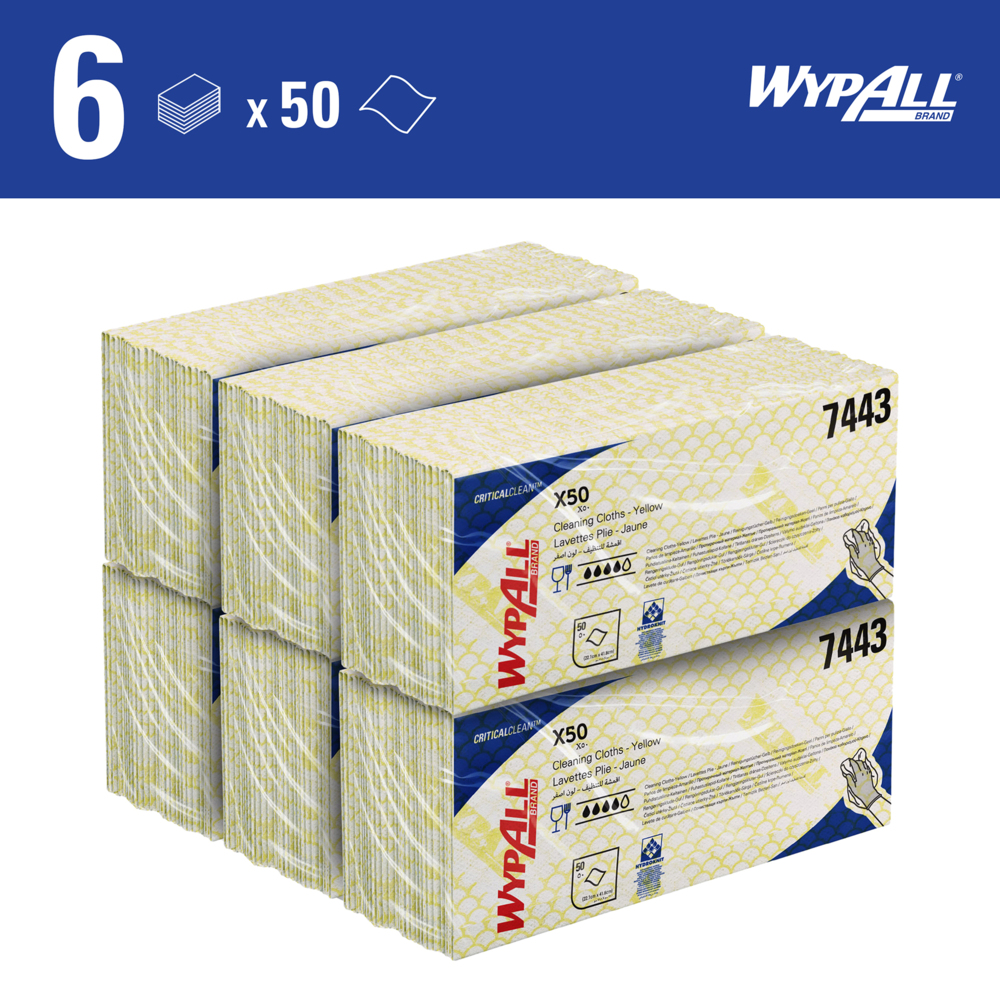 Протирочные материалы WypAll® X50 с цветовой кодировкой, код 7443, желтые, 6 упаковок x 50 салфеток со сложением Interfold (всего 300 шт.) - 7443