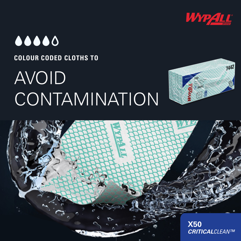 Paños de limpieza con código de color WypAll® X50 Critical Clean™ 7442 - Paños de limpieza verdes - 6 paquetes x 50 paños con código de color interplegados (300 en total) - 7442