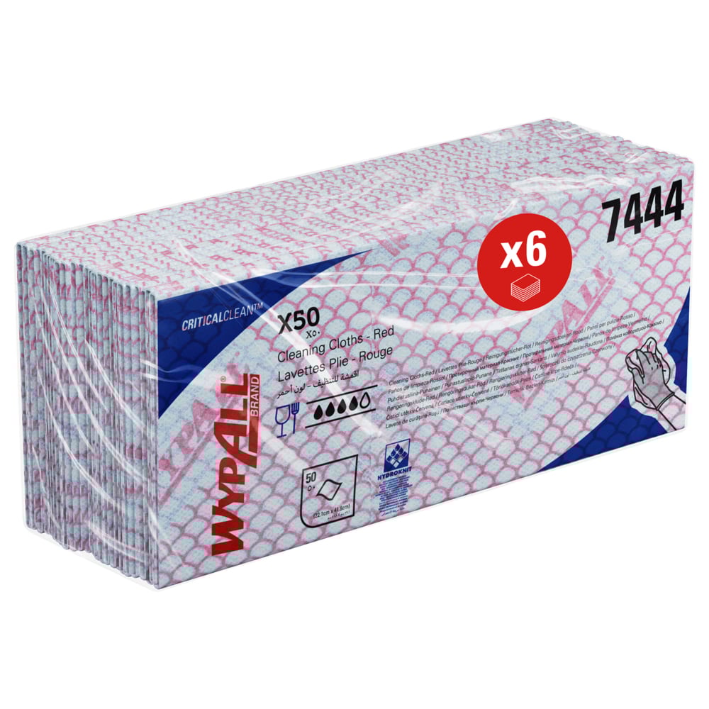 Chiffons de nettoyage à code couleur WypAll® X50 7444 - Chiffons de nettoyage rouges - 6 paquets x 50 chiffons enchevêtrés à code couleur (300 au total) - 7444
