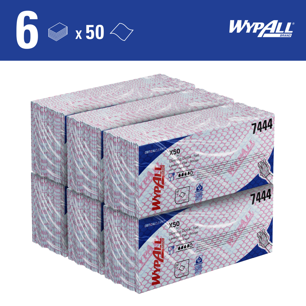 Chiffons de nettoyage à code couleur WypAll® X50 7444 - Chiffons de nettoyage rouges - 6 paquets x 50 chiffons enchevêtrés à code couleur (300 au total) - 7444