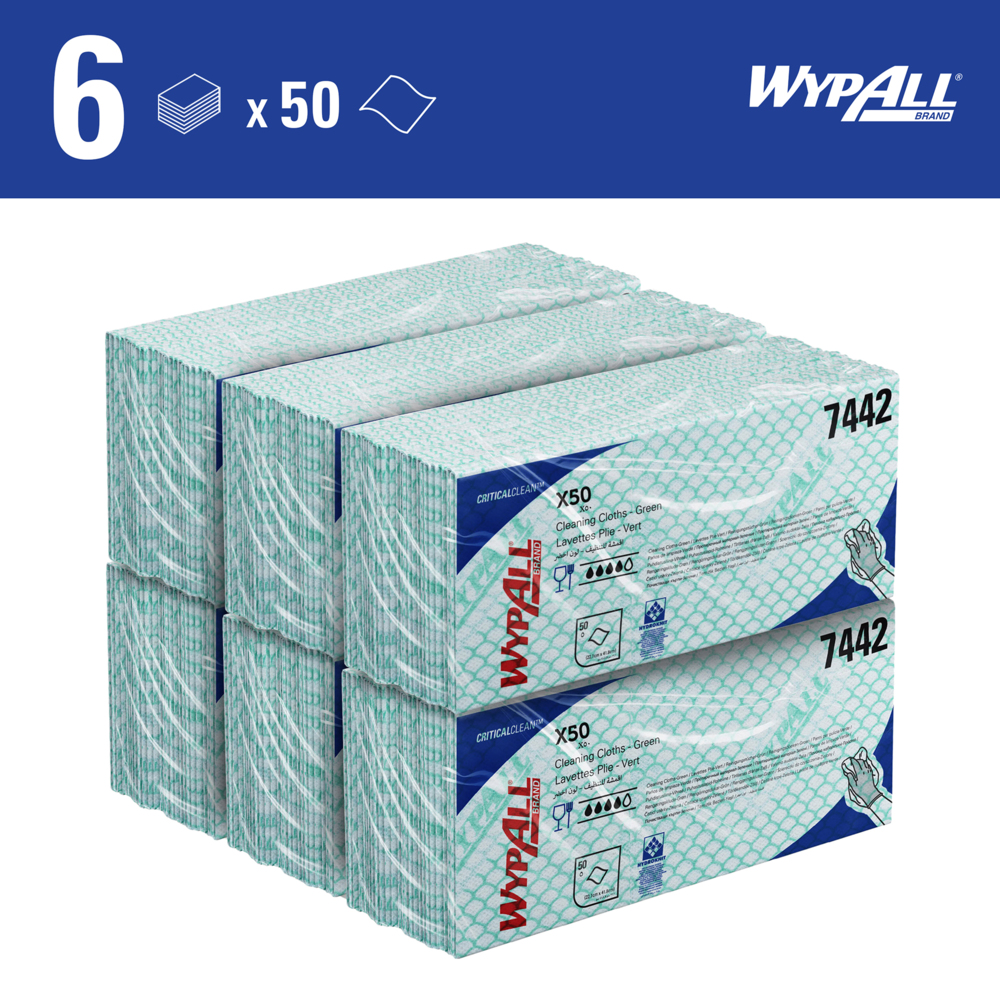 Paños de limpieza con código de color WypAll® X50 Critical Clean™ 7442 - Paños de limpieza verdes - 6 paquetes x 50 paños con código de color interplegados (300 en total) - 7442