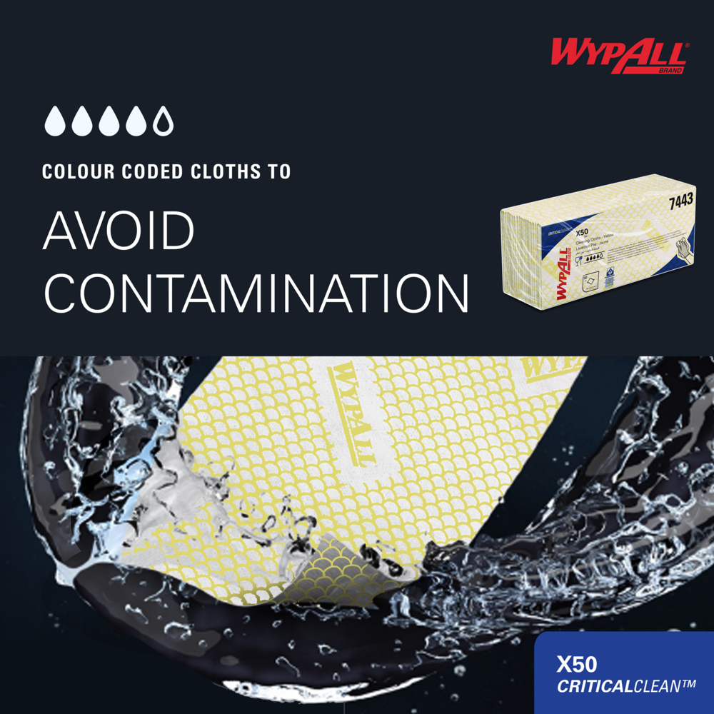 Протирочные материалы WypAll® X50 с цветовой кодировкой, код 7443, желтые, 6 упаковок x 50 салфеток со сложением Interfold (всего 300 шт.) - 7443