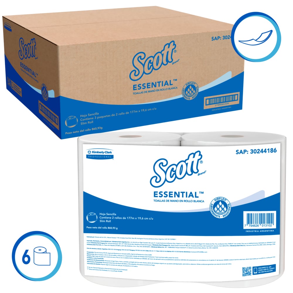Scott® Essential™ Toalla de Manos en Rollo Blanca 30229692 - 177m/Rollo, 3 Paq con 2 Rollos/Caja (1062m) - S058423285