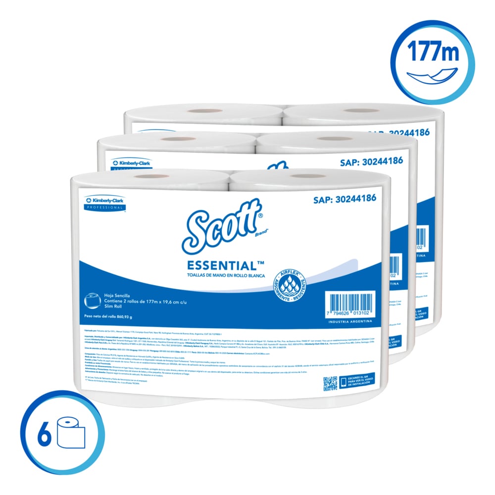 Scott® Essential™ Toalla de Manos en Rollo Blanca 30229692 - 177m/Rollo, 3 Paq con 2 Rollos/Caja (1062m) - S058423285