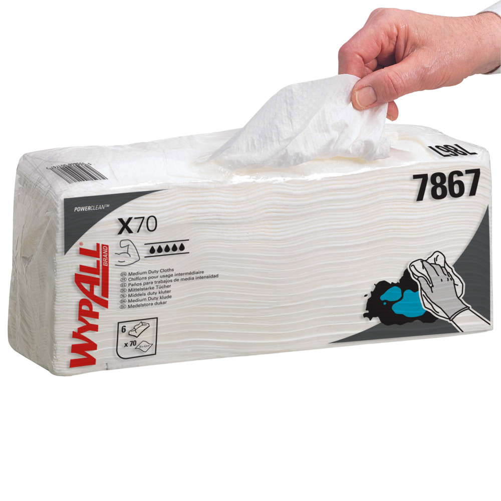 WypAll® X70 Power Clean™-Reinigungstücher 7867 – wiederverwendbare Tücher – 6 Packungen x 70 weiße saugfähige Falttücher (insges. 420) - 7867