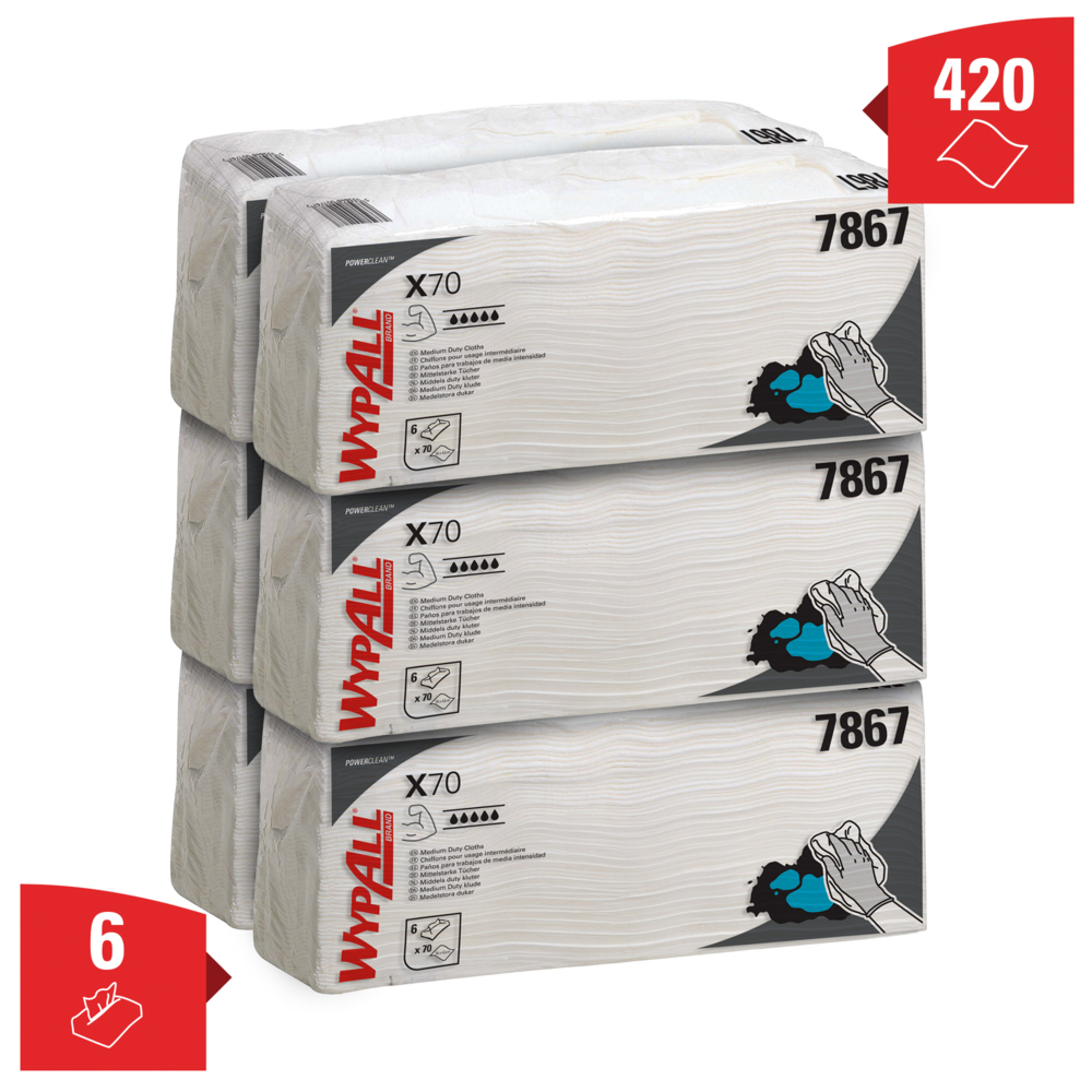 Chiffons de nettoyage WypAll® X70 Power Clean™ 7867 – Chiffons réutilisables – 6 paquets de 70 chiffons absorbants blancs pliés (420 au total) - 7867