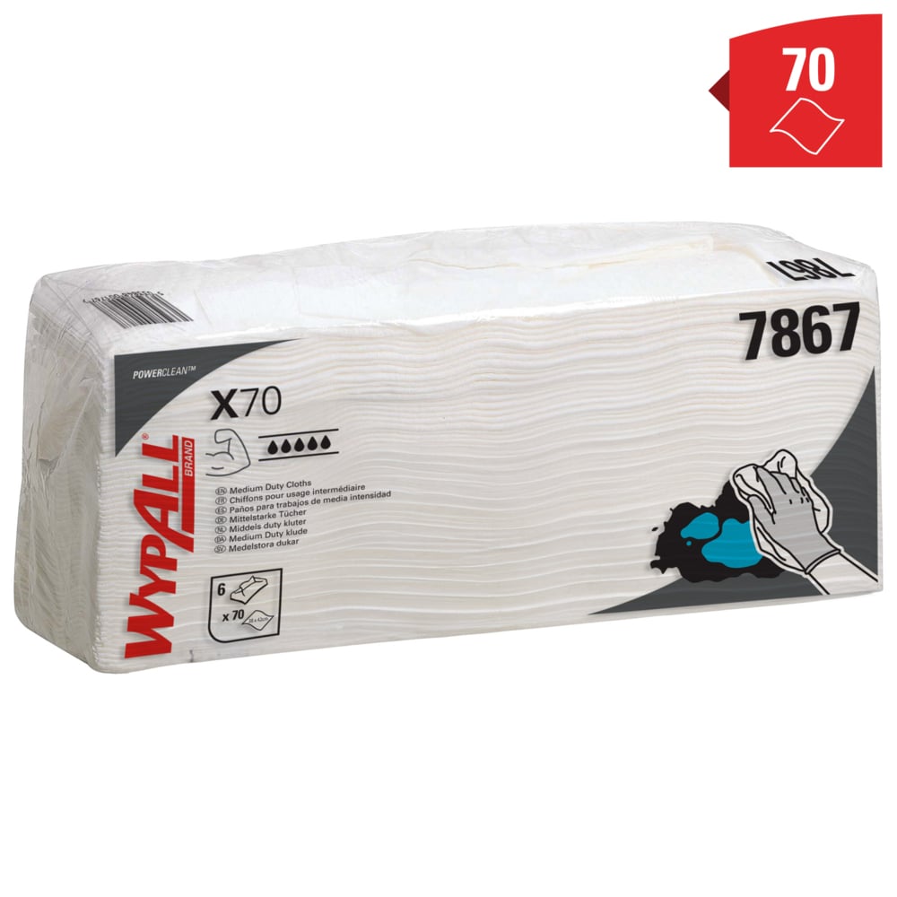 Chiffons de nettoyage WypAll® X70 Power Clean™ 7867 – Chiffons réutilisables – 6 paquets de 70 chiffons absorbants blancs pliés (420 au total) - 7867