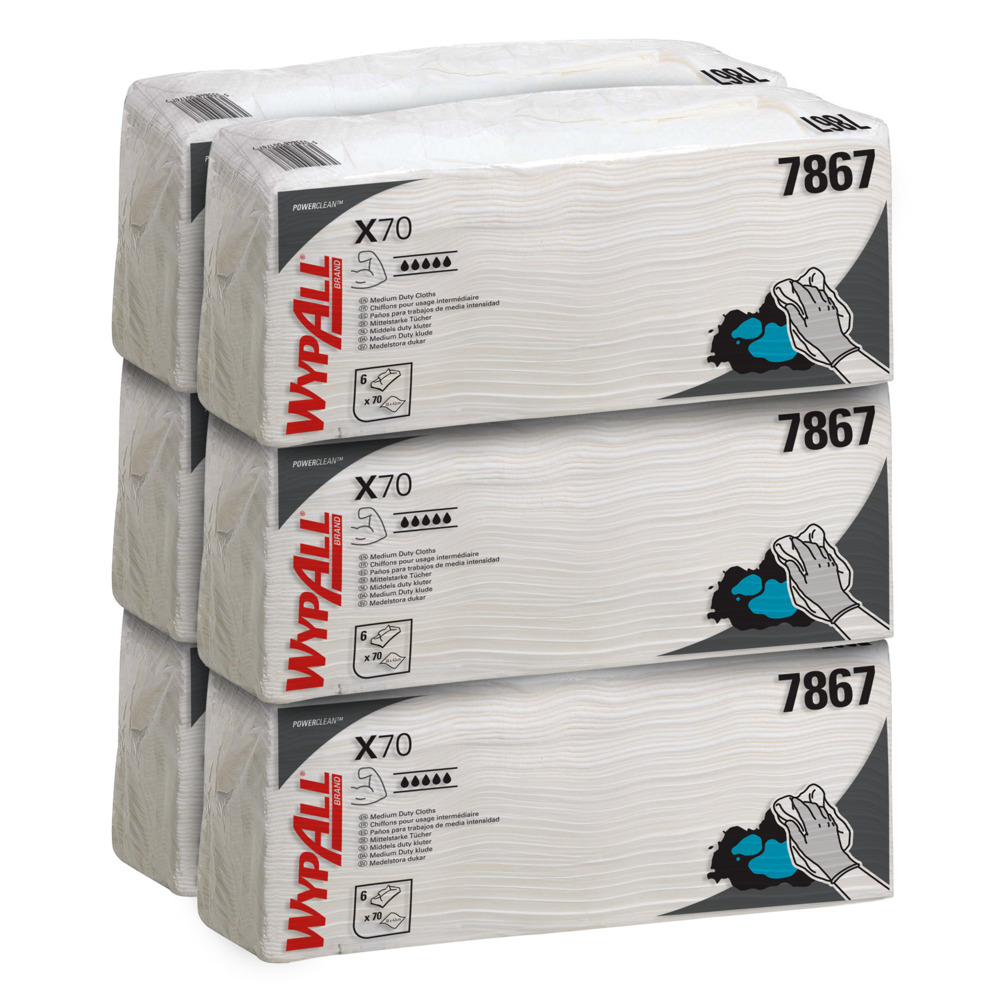 WypAll® X70 Power Clean™-Reinigungstücher 7867 – wiederverwendbare Tücher – 6 Packungen x 70 weiße saugfähige Falttücher (insges. 420) - 7867