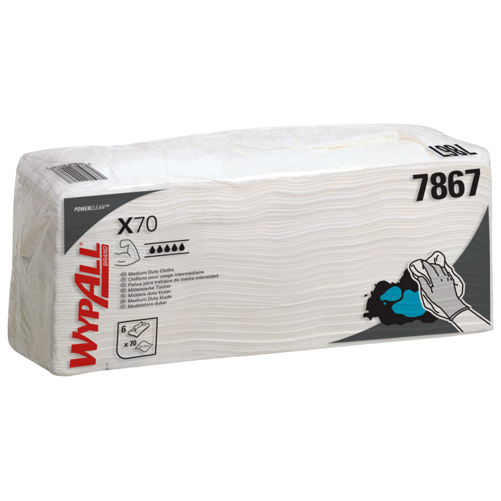 WypAll® X70 Power Clean™-Reinigungstücher 7867 – wiederverwendbare Tücher – 6 Packungen x 70 weiße saugfähige Falttücher (insges. 420) - 7867