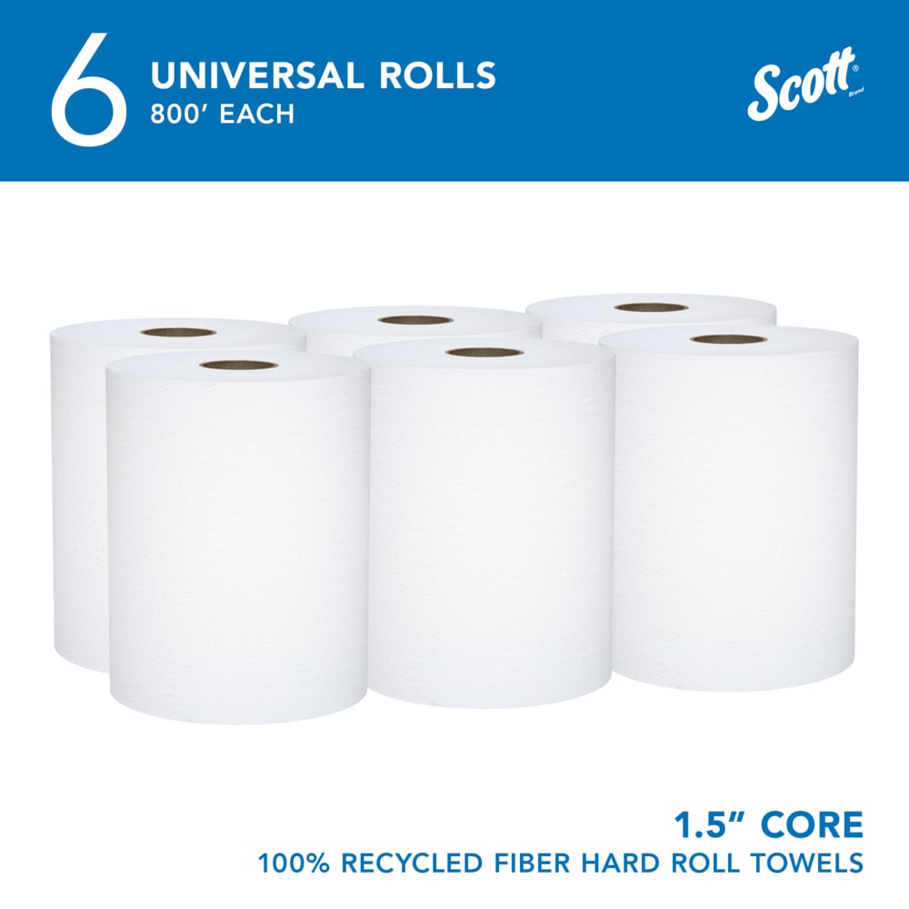Scott® Universal 100% Recycled Fiber Hard Roll Paper Towels (56158), with Absorbency Pockets™, 1.5" Core, Compressed Rolls, White, (800'/Roll, 6 Rolls/Case, 4,800'/Case) - 56158