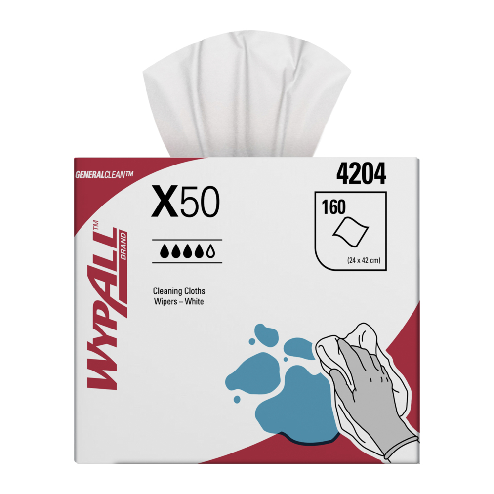 WYPALL® X50 Pop-Up Wipers (4204), Reinforced Single Sheet White Wipers, 4 Boxes / Case, 160 Wipers / Box (640 Wipers total) - 99104204