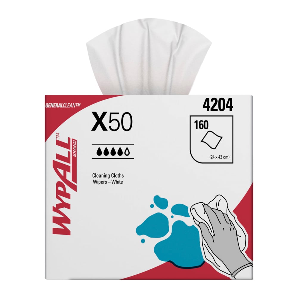 WYPALL® X50 Pop-Up Wipers (4204), Reinforced Single Sheet White Wipers, 4 Boxes / Case, 160 Wipers / Box (640 Wipers total) - 99104204