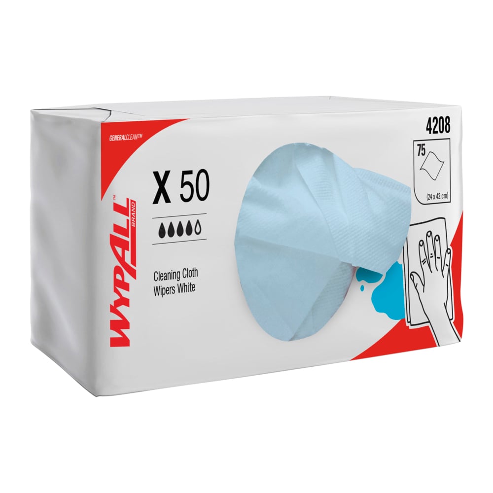 WYPALL® X50 Reinforced Single Sheet White Wipers (4208), 8 Packs / Case, 75 Wipers / Pack ( 600 Wipers total) - 99104208