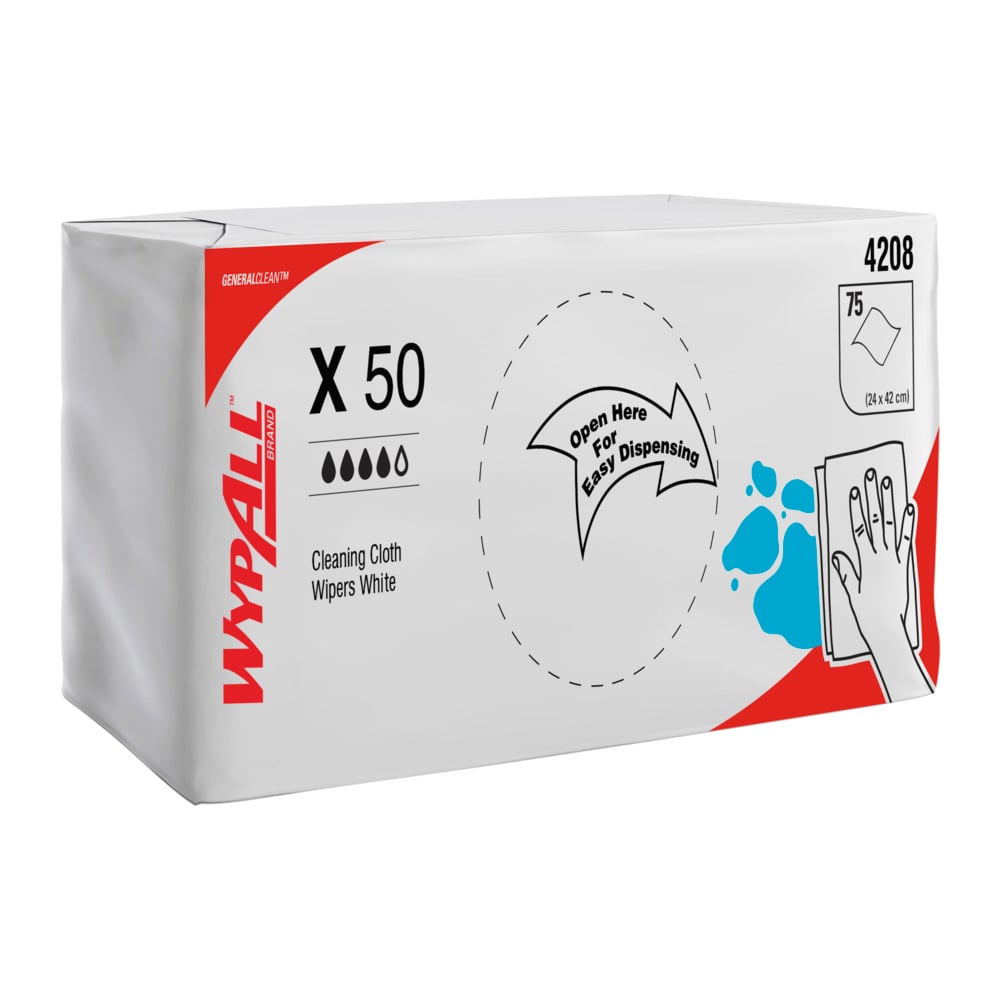 WYPALL® X50 Reinforced Single Sheet White Wipers (4208), 8 Packs / Case, 75 Wipers / Pack ( 600 Wipers total) - 99104208