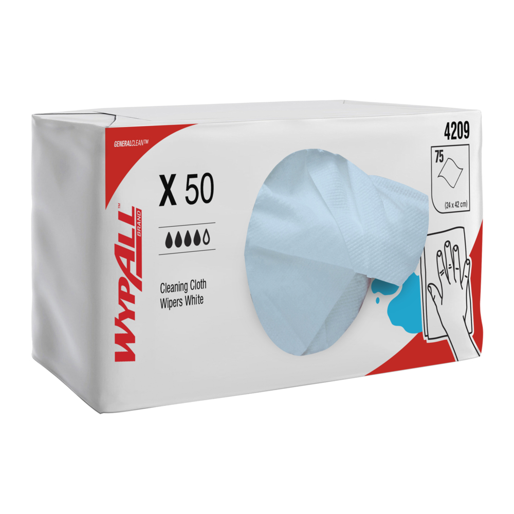 WYPALL® X50 Reinforced Single Sheet blue Wipers (4209), 8 Packs / Case, 75 Wipers / Pack ( 600 Wipers total) - 99104209