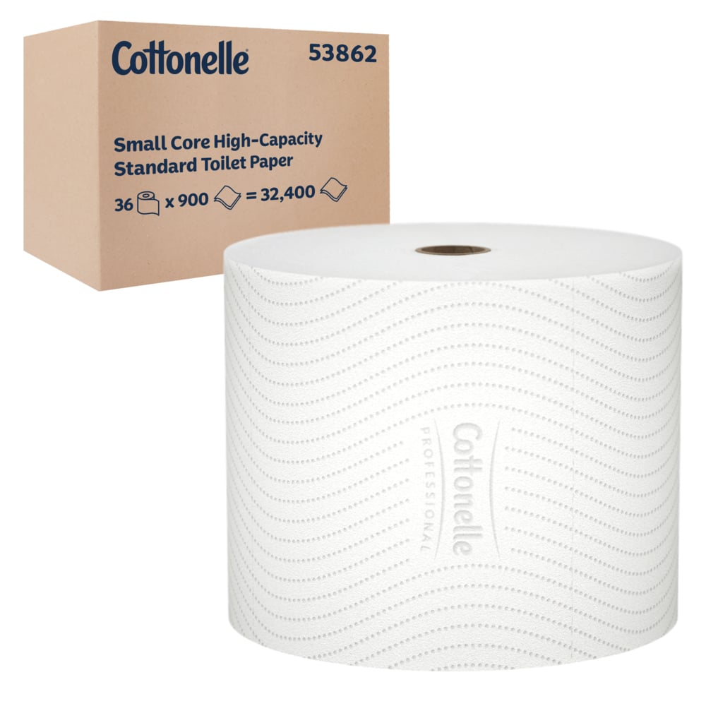 Cottonelle® Small Core High-Capacity Standard Roll Toilet Paper (53862), with CleanCare® Design, 2-Ply, White, (900 Sheets/Roll, 36 Rolls/Case, 32,400 Sheets/Case) - 53862