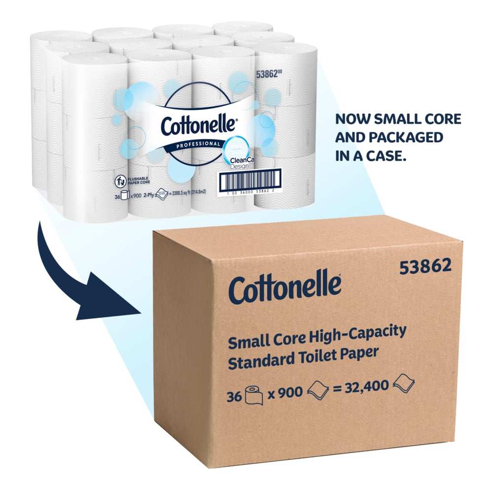 Cottonelle® Small Core High-Capacity Standard Roll Toilet Paper (53862), with CleanCare® Design, 2-Ply, White, (900 Sheets/Roll, 36 Rolls/Case, 32,400 Sheets/Case) - 53862