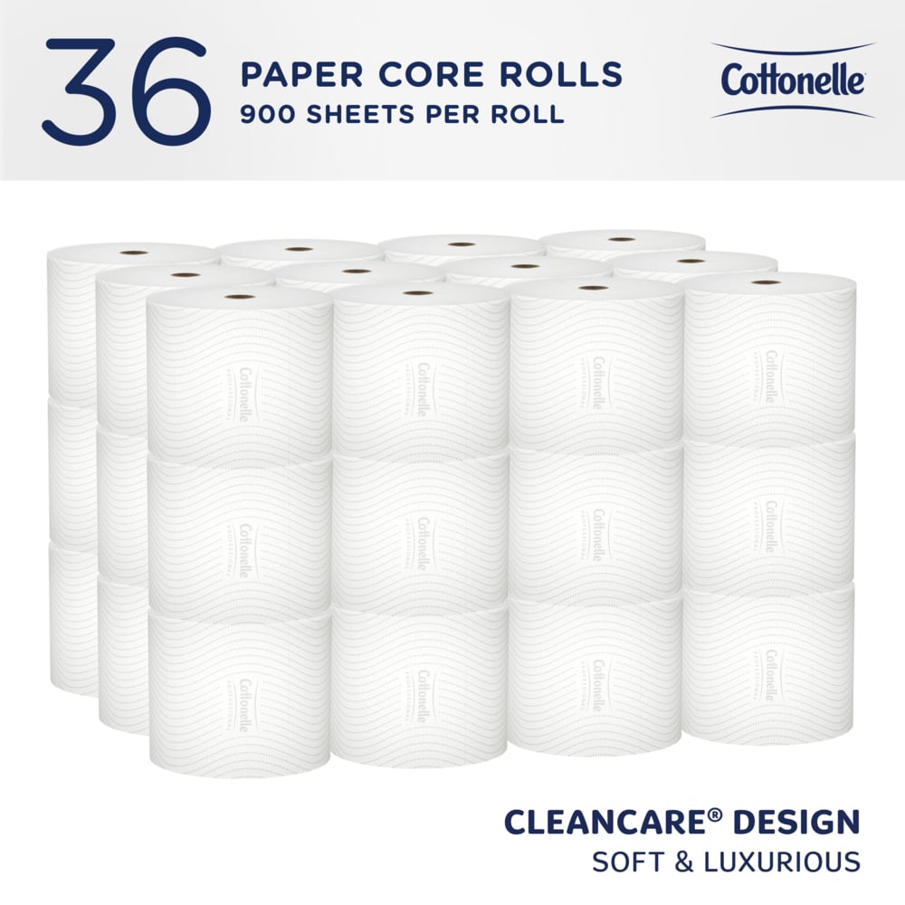 Cottonelle® Small Core High-Capacity Standard Roll Toilet Paper (53862), with CleanCare® Design, 2-Ply, White, (900 Sheets/Roll, 36 Rolls/Case, 32,400 Sheets/Case) - 53862