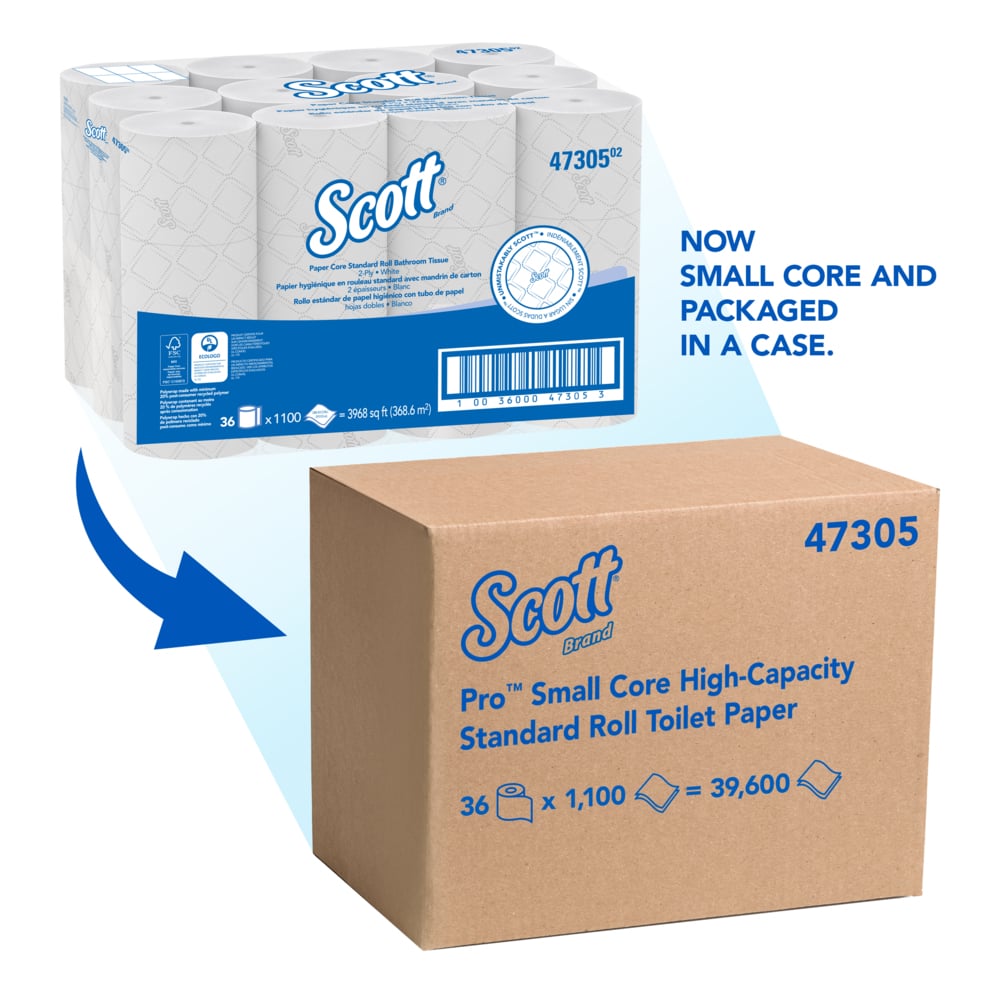 Scott® Pro™ Small Core High-Capacity Standard Roll Toilet Paper (47305), with Elevated Design, 2-Ply, White (1,100 Sheets/Roll, 36 Rolls/Case, 39,600 Sheets/Case) - 47305