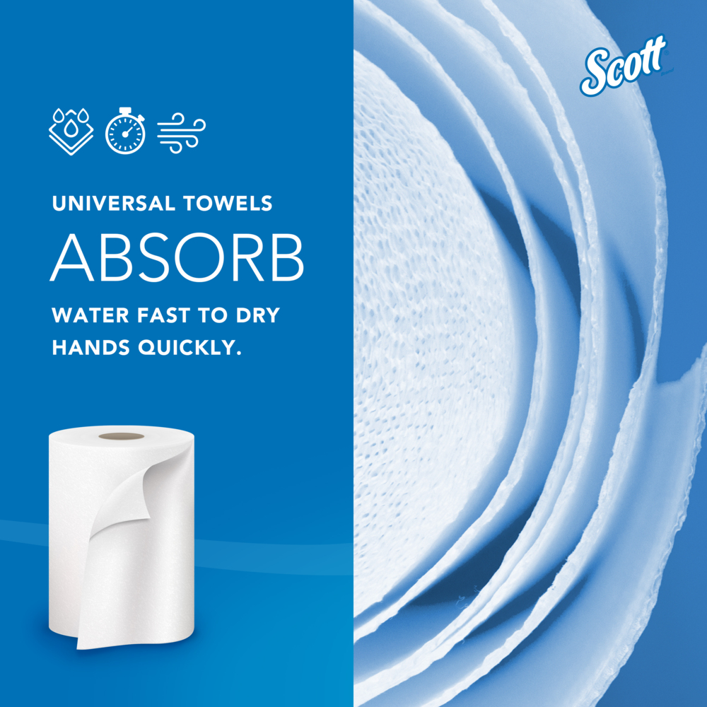 Scott® Universal 100% Recycled Fiber Hard Roll Bulk Paper Towels (01052), with Absorbency Pockets™, 1.5" Core, Compressed Rolls, White, (800'/Roll, 12 Rolls/Case, 9,600'/Case) - 01052