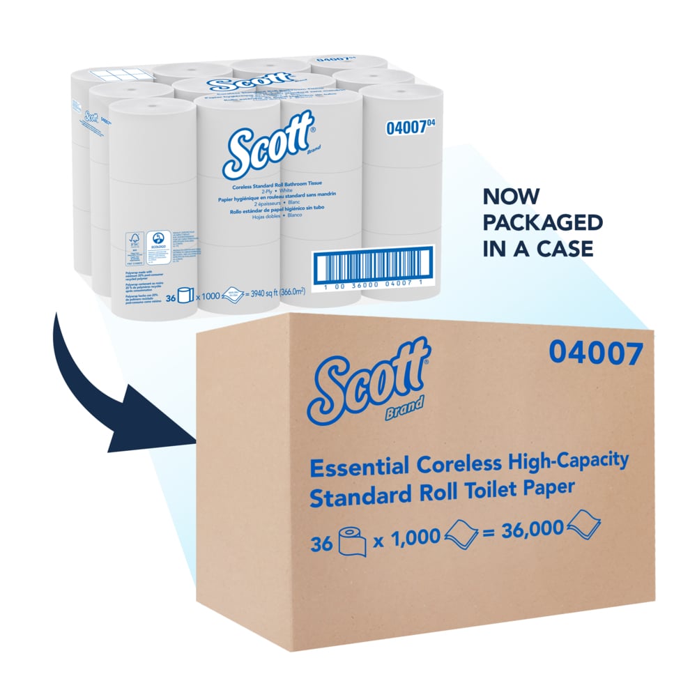 Scott® Essential Coreless High-Capacity Standard Roll Toilet Paper (04007), 2-Ply, White, (1,000 Sheets/Roll, 36 Rolls/Case, 36,000 Sheets/Case) - 04007