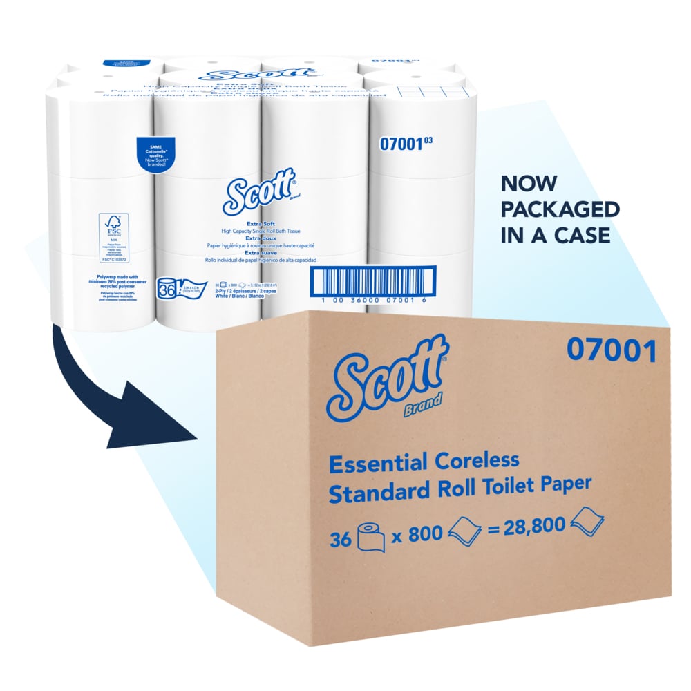 Scott® Essential Coreless Standard Roll Bulk Toilet Paper (07001), 2-Ply, White (800 Sheets/Roll, 36 Rolls/Case, 28,800 Sheets/Case) - 07001
