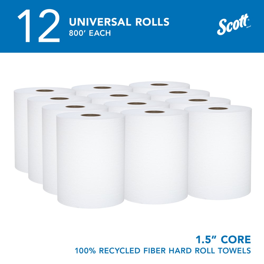 Scott® Universal 100% Recycled Fiber Hard Roll Bulk Paper Towels (01052), with Absorbency Pockets™, 1.5" Core, Compressed Rolls, White, (800'/Roll, 12 Rolls/Case, 9,600'/Case) - 01052