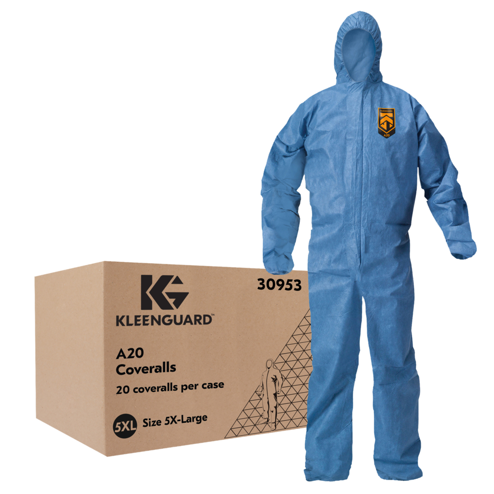 Combinaison de protection contre les particules perméables à l’air KleenGuard™ A20 (30953), fermeture éclair à l’avant, bande élastique à l’arrière, aux poignets et aux chevilles, avec capuchon, bleue, conception Reflex, 5TG (qté 20) - 30953