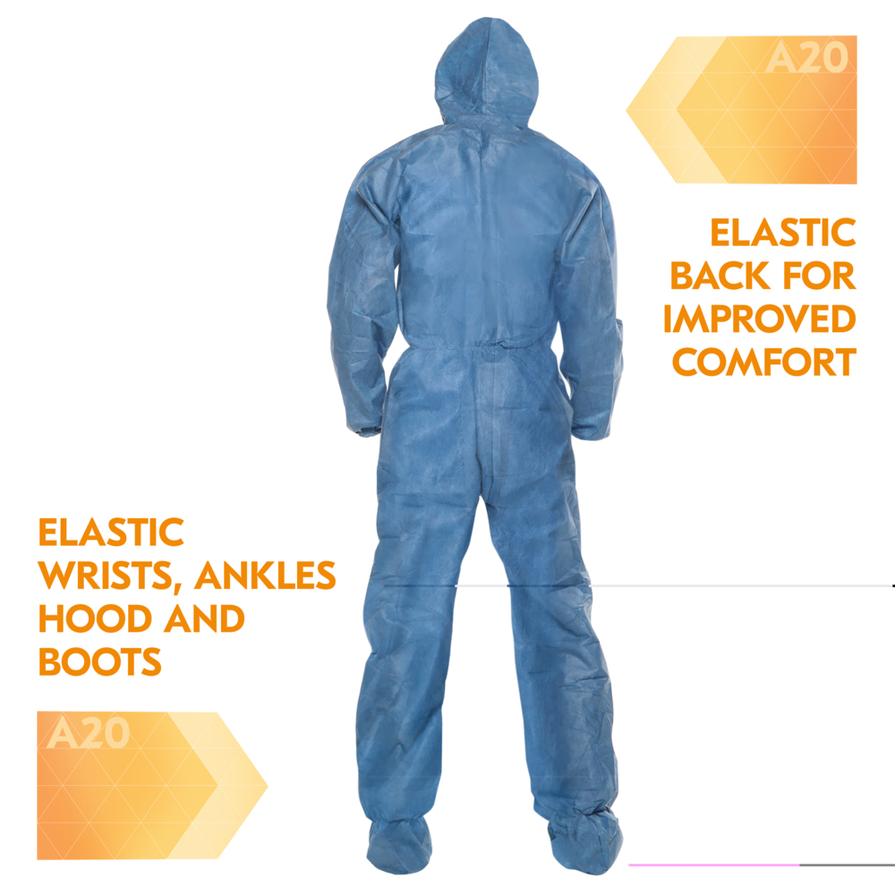 KleenGuard™ A20 Breathable Particle Protection Coveralls (58524), Zipper Front, Elastic Back, Wrists, Ankles, Hood & Boots, Blue, Reflex Design, XL (Qty 24) - 58524