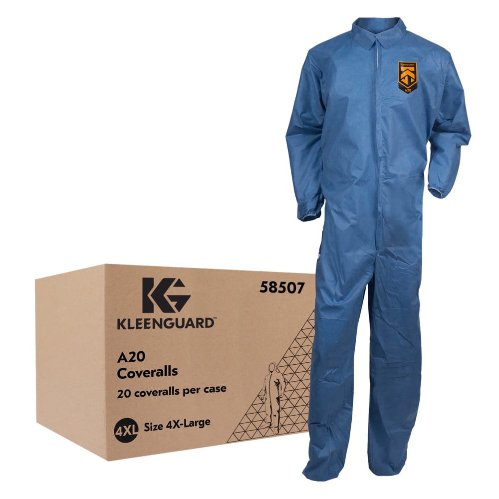 KleenGuard™ A20 Breathable Particle Protection Coveralls (58507), Zipper Front, Elastic Back, Wrists & Ankles, Blue, Reflex Design, 4XL (Qty 20) - 58507