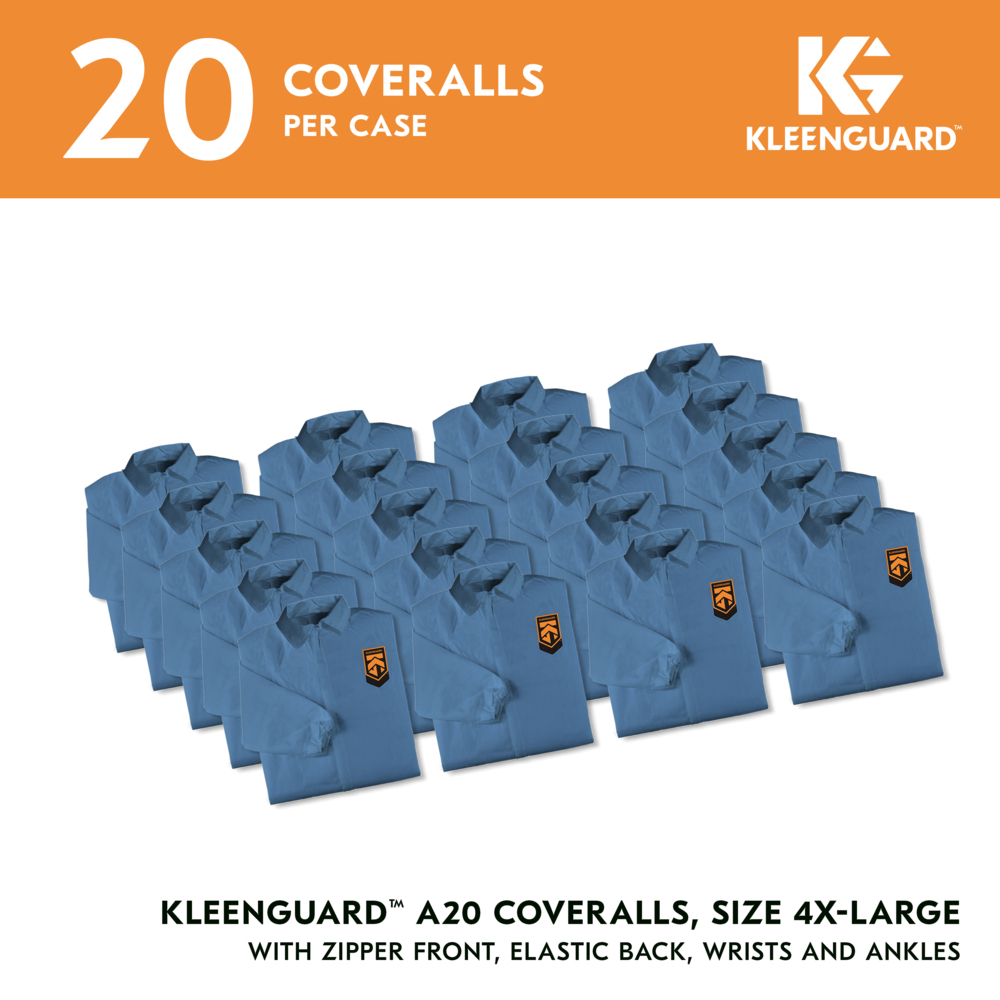 KleenGuard™ A20 Breathable Particle Protection Coveralls (58507), Zipper Front, Elastic Back, Wrists & Ankles, Blue, Reflex Design, 4XL (Qty 20) - 58507