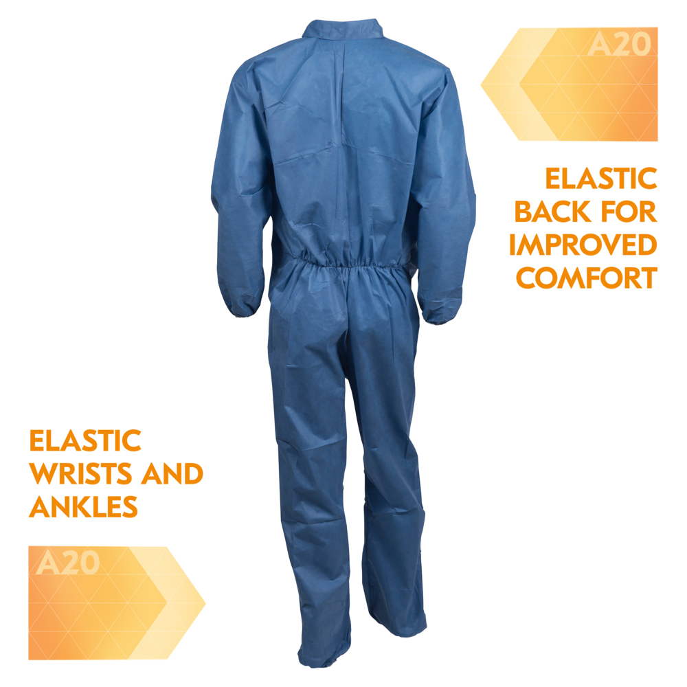 KleenGuard™ A20 Breathable Particle Protection Coveralls (58507), Zipper Front, Elastic Back, Wrists & Ankles, Blue, Reflex Design, 4XL (Qty 20) - 58507