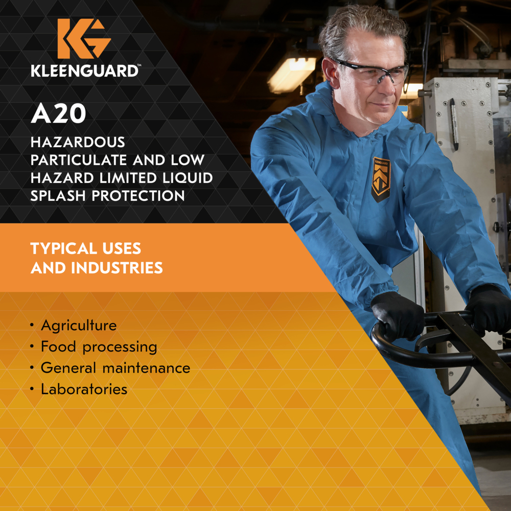 KleenGuard™ A20 Breathable Particle Protection Coveralls (58523), Zipper Front, Elastic Back, Wrists, Ankles, Hood & Boots, Blue, Reflex Design, Large (Qty 24) - 58523