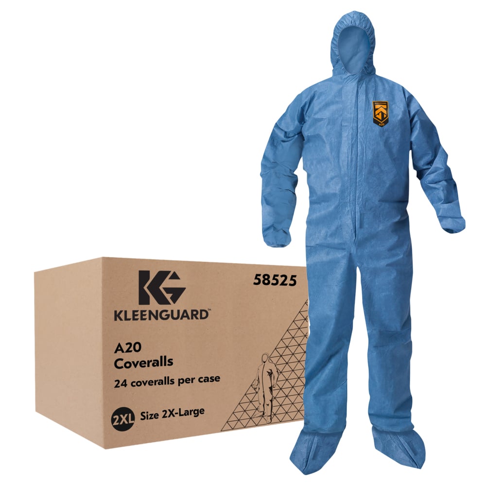 KleenGuard™ A20 Breathable Particle Protection Coveralls (58525), Zipper Front, Elastic Back, Wrists, Ankles, Hood & Boots, Blue, Reflex Design, 2XL (Qty 24) - 58525