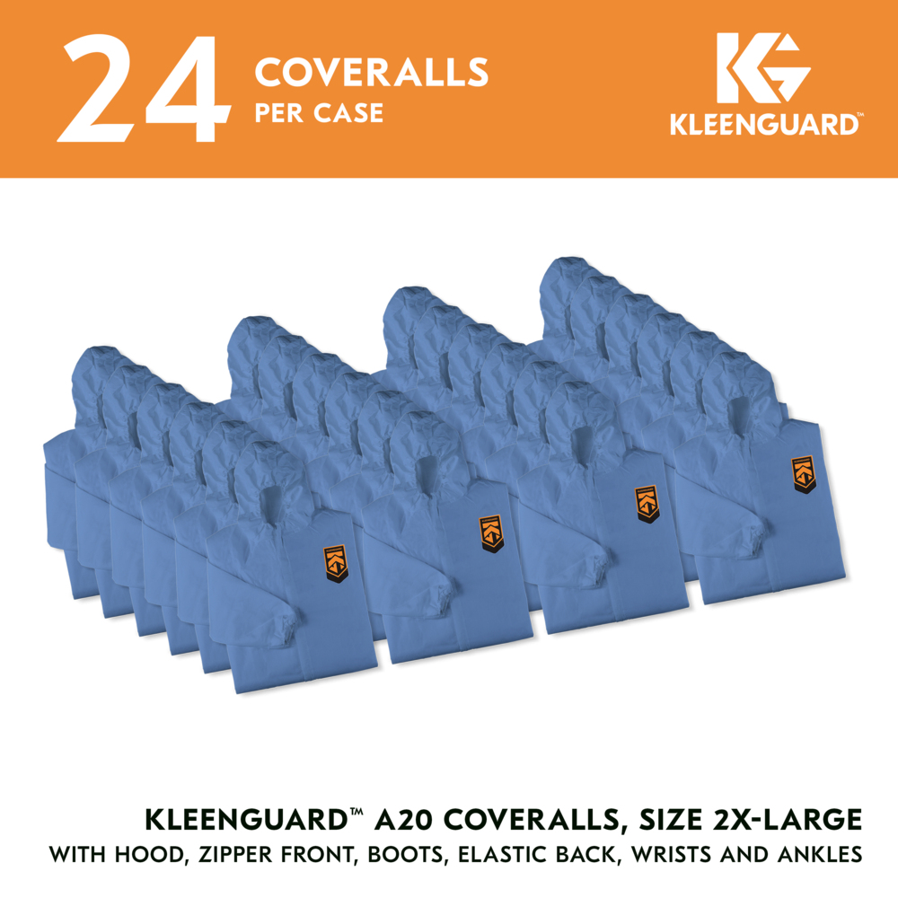 KleenGuard™ A20 Breathable Particle Protection Coveralls (58525), Zipper Front, Elastic Back, Wrists, Ankles, Hood & Boots, Blue, Reflex Design, 2XL (Qty 24) - 58525