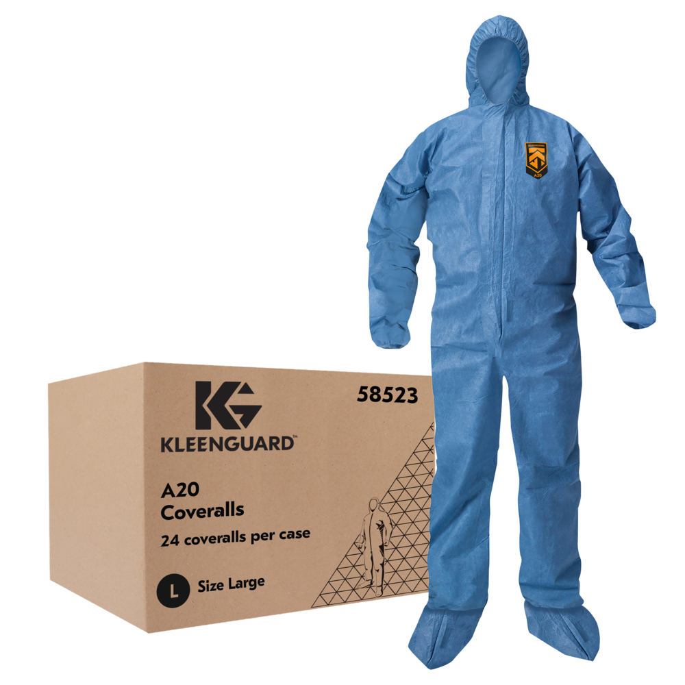 KleenGuard™ A20 Breathable Particle Protection Coveralls (58523), Zipper Front, Elastic Back, Wrists, Ankles, Hood & Boots, Blue, Reflex Design, Large (Qty 24) - 58523