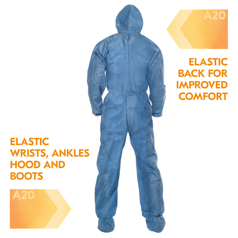 KleenGuard™ A20 Breathable Particle Protection Coveralls (58523), Zipper Front, Elastic Back, Wrists, Ankles, Hood & Boots, Blue, Reflex Design, Large (Qty 24) - 58523
