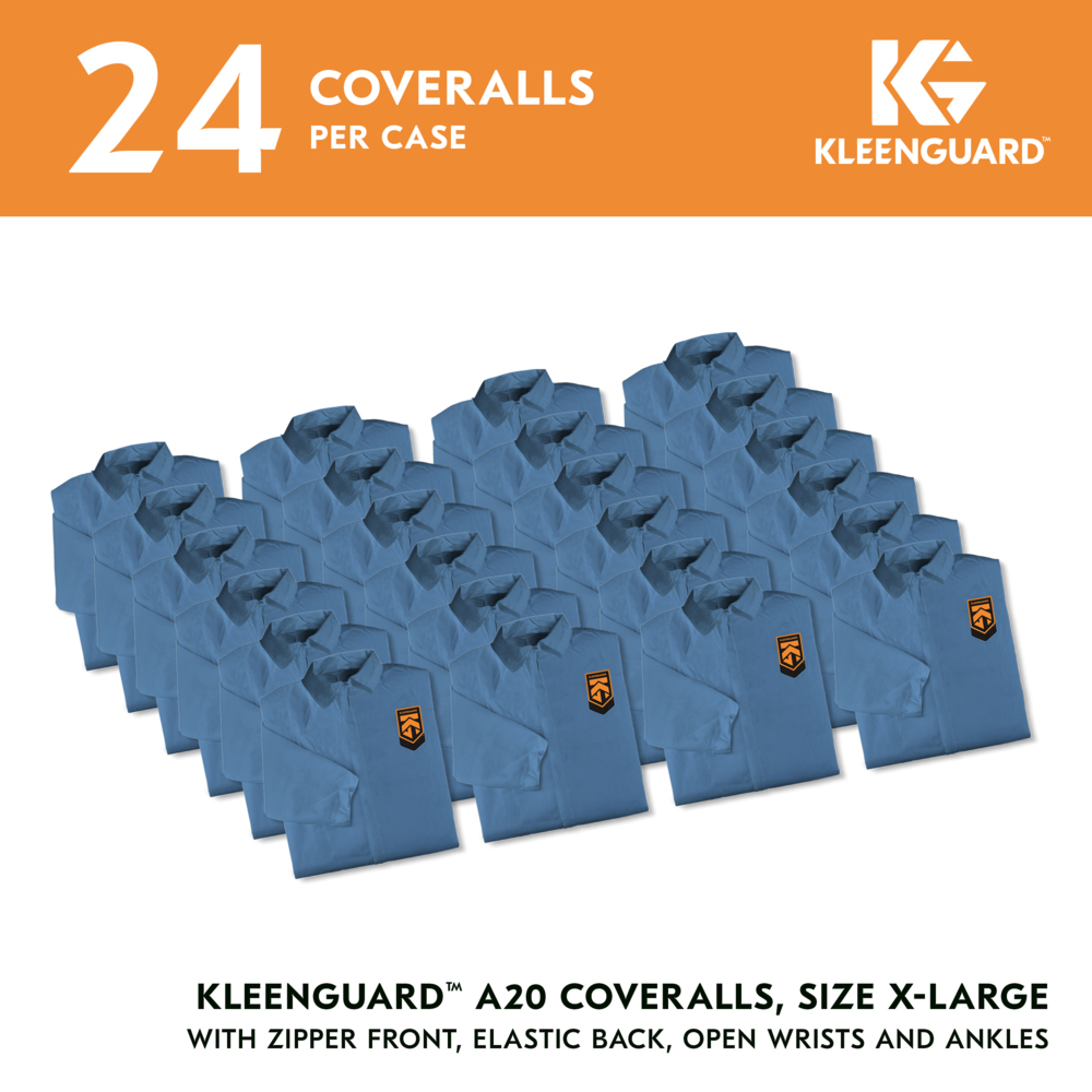 KleenGuard™ A20 Breathable Particle Protection Coveralls (58534), Zipper Front, Blue, Reflex Design, XL (Qty 24) - 58534