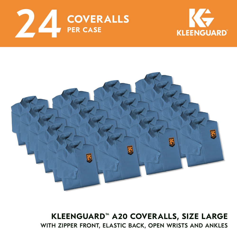 KleenGuard™ A20 Breathable Particle Protection Coveralls (58533), Zipper Front, Blue, Reflex Design, Large (Qty 24) - 58533