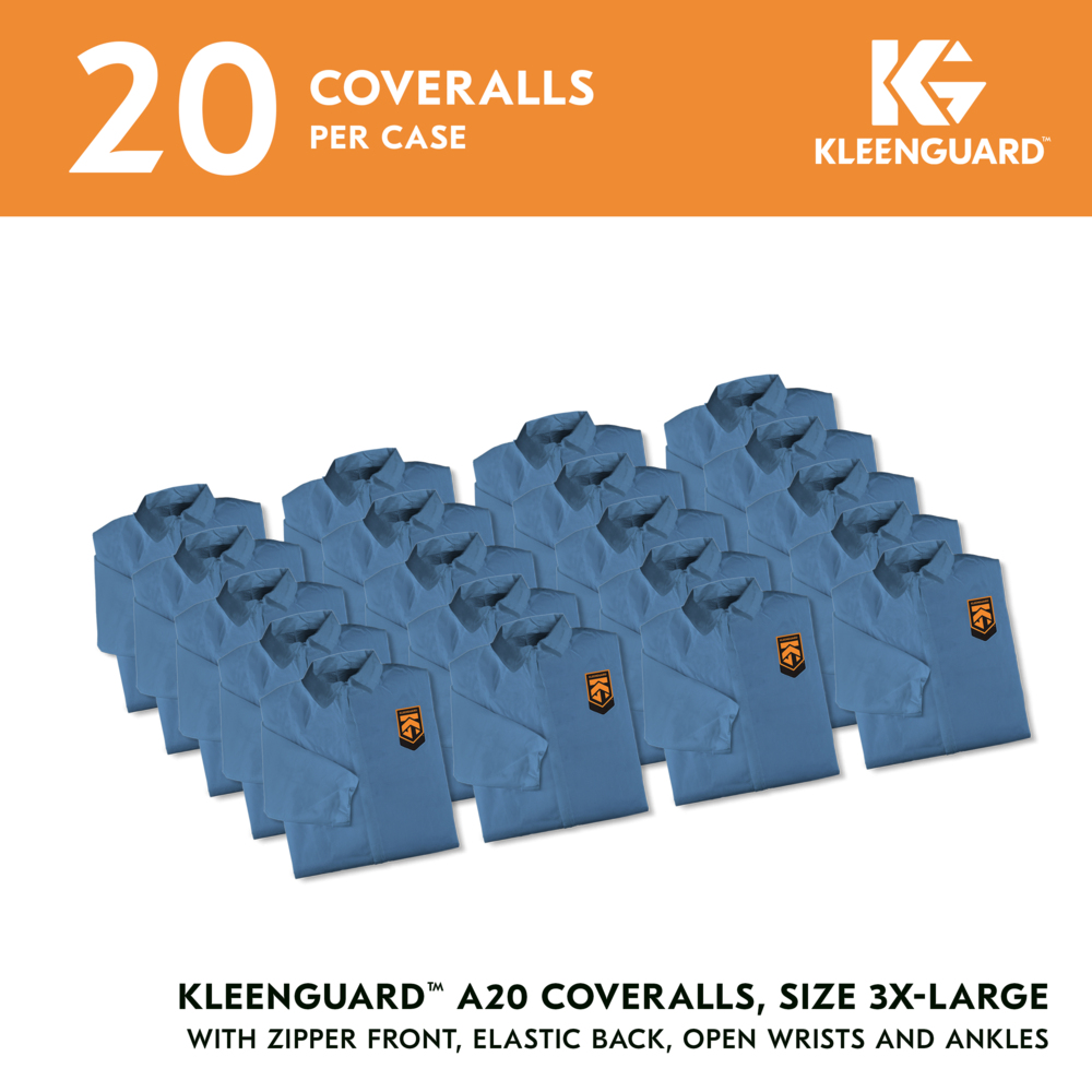KleenGuard™ A20 Breathable Particle Protection Coveralls (58536), Zipper Front, Blue, Reflex Design, 3XL (Qty 20) - 58536